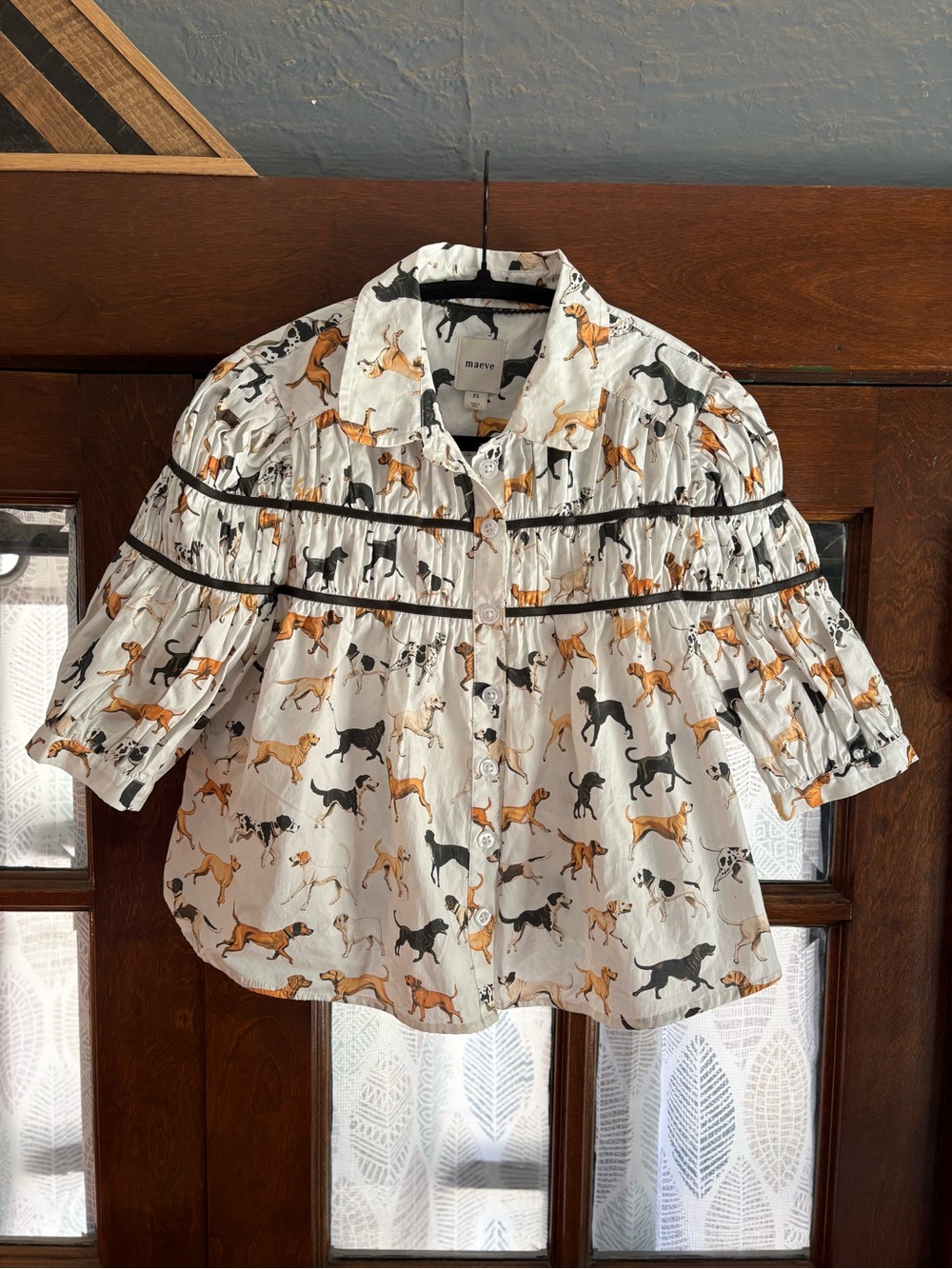 Anthropologie Maeve The Leandra Shirred Yoke Cotton Dog Print Puff Sleeve Blouse - Picture 5 of 11